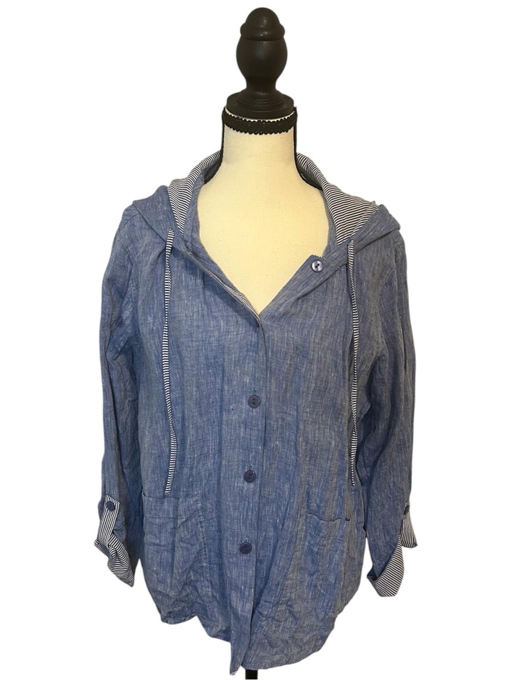 A LA CARTE Chambray Hooded Jacket Shirt Blue Striped Trim Sz L Button Down Linen